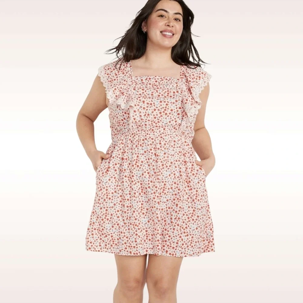 Old Navy Mini Dress Women 4X Waist-Defined Floral Ruffle Flutter Sleeve Tie Back - Picture 1 of 7